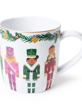 Holiday Nutcracker Ceramic Mug White Festive Green Pink Accents new Sur La Table